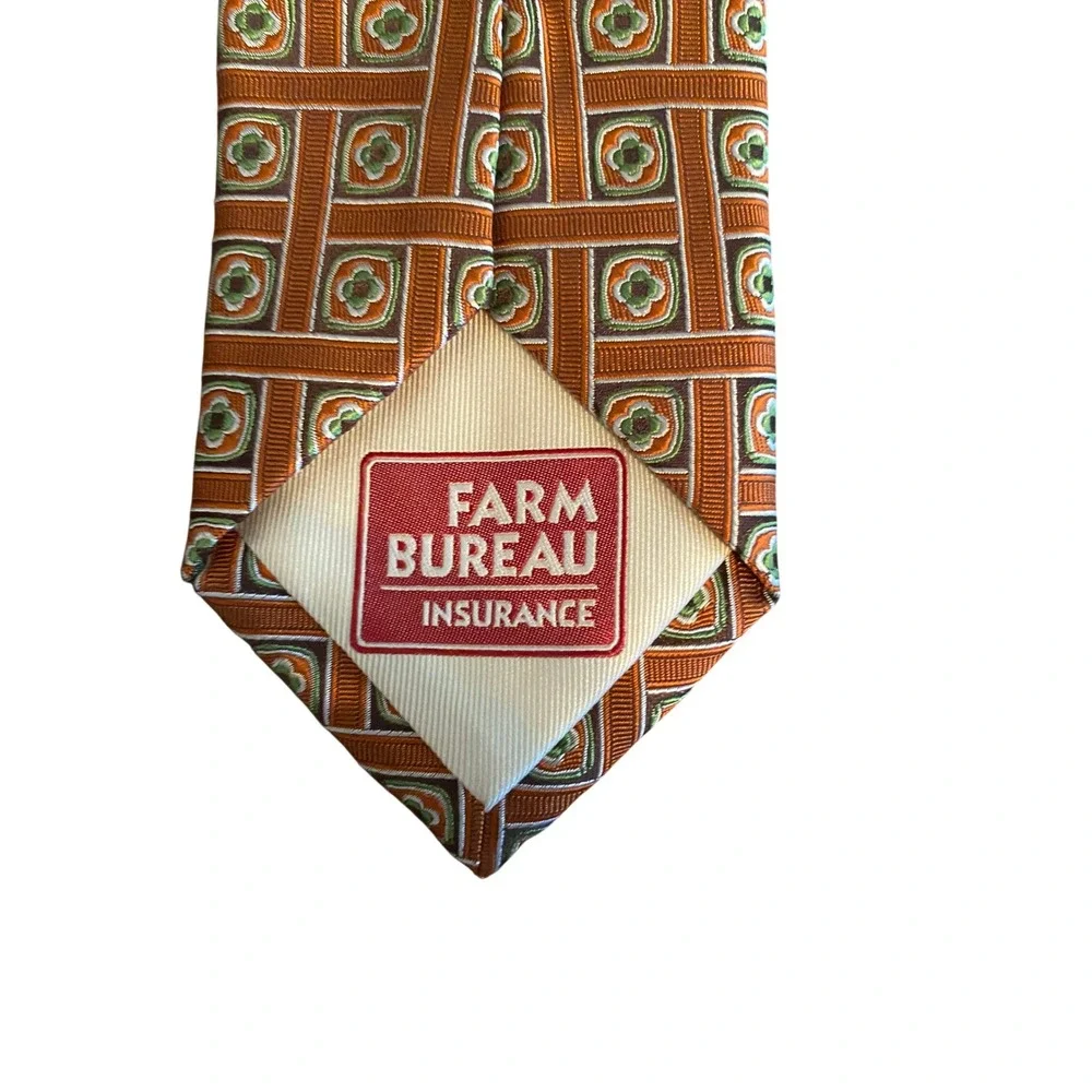 Kinkade's Fine‎ Clothing Mens Silk Tie Orange Green Geometric Farm Bureau Ins.